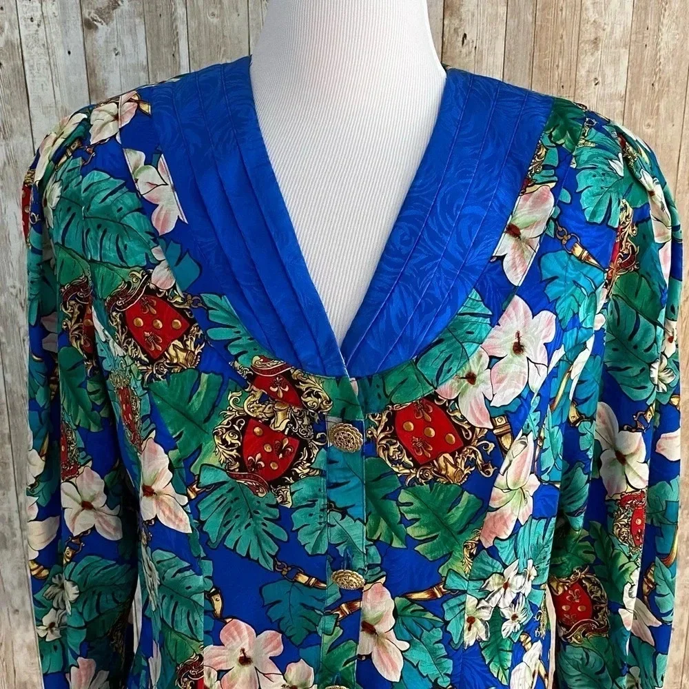 Diane Freis Vintage 80s Floral Silk Blouse With Gold Buttons - Picture 2 of 10